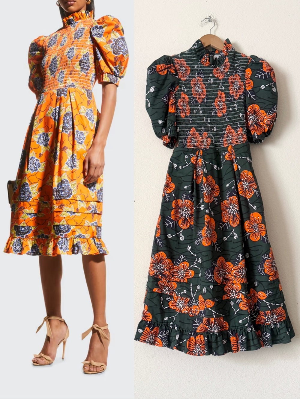 Autumn Adeigbo SIZE 0 Lana smocked dark green floral short sleeve midi dress
